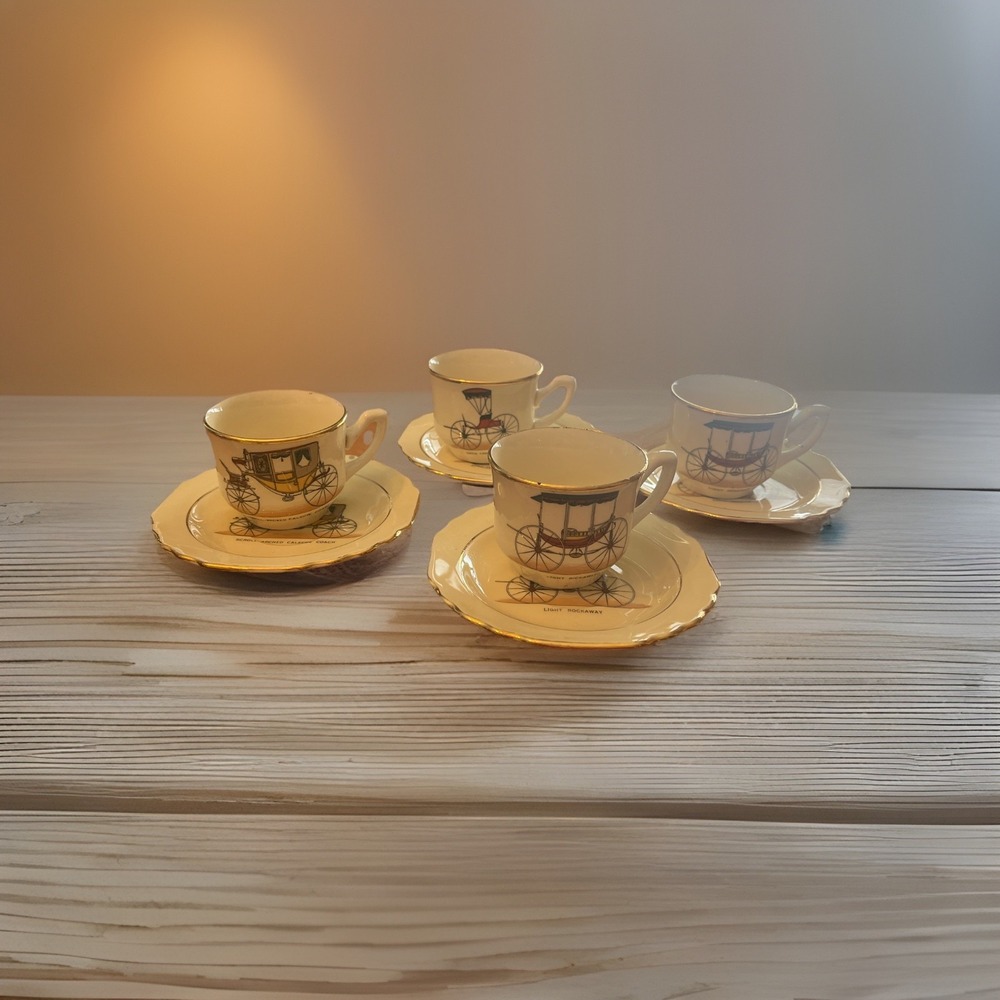 VINTAGE ATLAS CHINA COACH SERIES Set of 4 CUP SAUCER 22 Karat GOLD